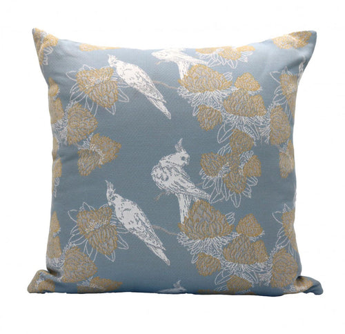 Blue, white and yellow cushion cover with bird and flower print