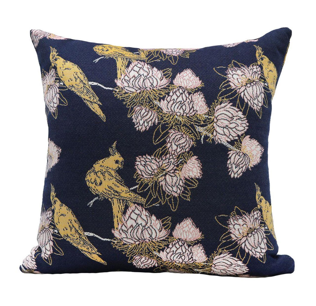 Dark blue, yellow, pink and white, flower and bird print cushions